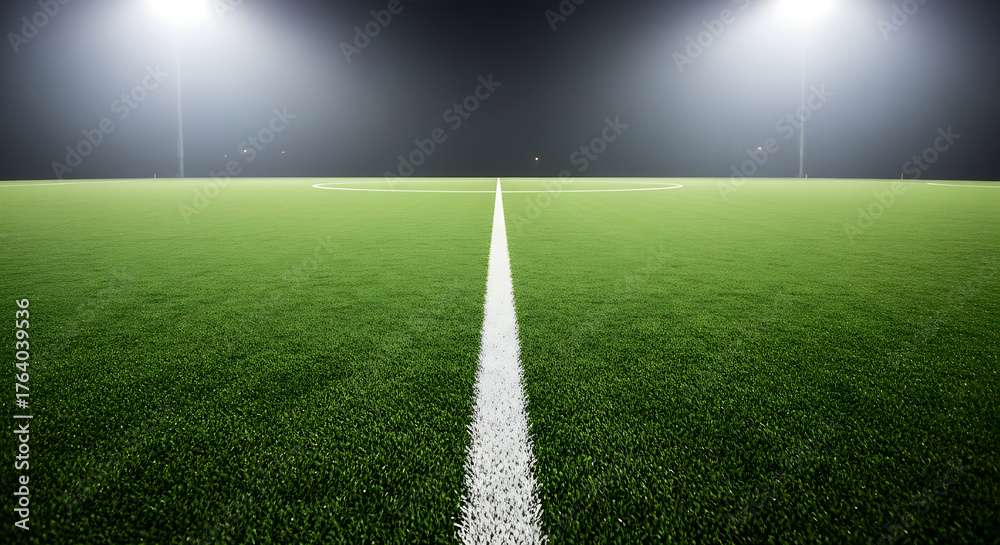 Obraz premium Football Field at Night A Perspective View of the Center Line with Bright Lights Illuminating the Green Turf