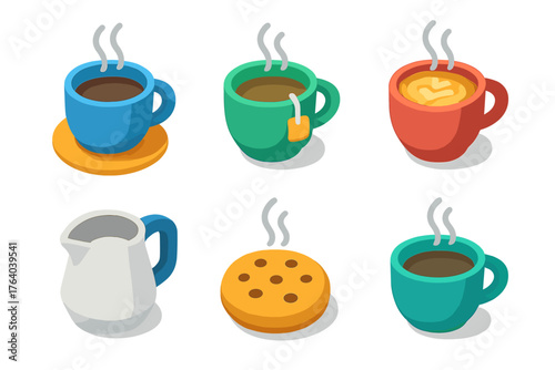 Steaming Cups flat isometric set: ceramic cup, tea bag, latte art, milk pitcher, cookie, rising steam.