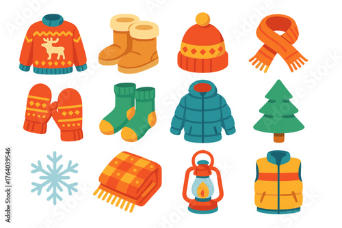 Winter Apparel Nordic Warmth flat isometric set: reindeer-pattern sweater, fur-lined boots, wool hat, hand-knit scarf, wool mittens, wool socks, puffer coat, pine tree, snowflake,