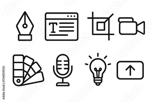 Content Creation outline icon set: pen nib, text editor window, image crop tool, video camera, color palette, microphone, idea bulb, publish button.