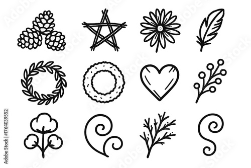 Nature-Inspired Tree Toppers outline icon set: pine cone cluster, twig star, dried flower, feather accent, leaf wreath, moss ring, wooden heart, berry sprig, cotton tuft, vine