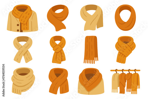 Knitted Scarves – Fashion Layering flat isometric set: scarf on coat, flowing wrap, draped over shoulder, infinity loop, cross tie, casual knot, long fringe, neutral tones, chunky