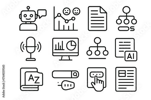Applied NLP outline icon set: chatbot, sentiment graph, transcript sheet, voice input, analytics dashboard, language model, keyword tag, search bar, AI processor, dictionary,