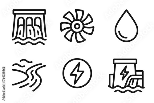 Hydropower outline icon set: water dam, turbine wheel, river flow, droplet icon, energy bolt, hydro station.