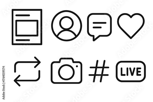 Social Media outline icon set: feed layout, user story ring, chat message, like heart, repost icon, photo camera, trending tag, live stream badge.