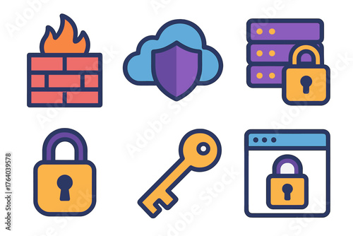 Digital security gate flat icons: firewall, cloud, server, lock, keyhole, app window.