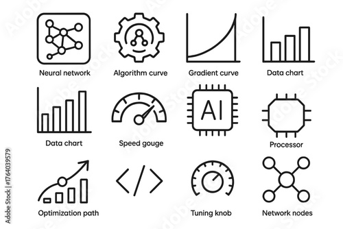 AI Optimization outline icon set: neural network, algorithm gear, gradient curve, data chart, speed gauge, AI chip, upward arrow, code brackets, processor icon, optimization path,