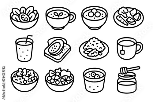 Healthy Comfort Food outline icon set: salad bowl, soup cup, oatmeal bowl, roasted veggies, smoothie glass, avocado toast, quinoa plate, tea cup, grain bowl, fruit salad, yogurt