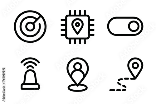 Location Services outline icon set: radar signal, GPS chip, permission toggle, beacon icon, user marker, live tracking line.