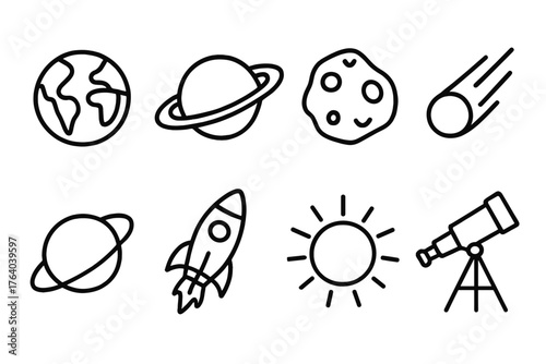 Solar System outline icon set: earth globe, saturn ring, asteroid, comet, orbit path, rocket, sunburst, telescope.