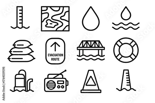 Flood and Water Alerts outline icon set: river level gauge, floodplain map, water droplet, rising waves, sandbags, evacuation route sign, bridge closed sign, life preserver, sump