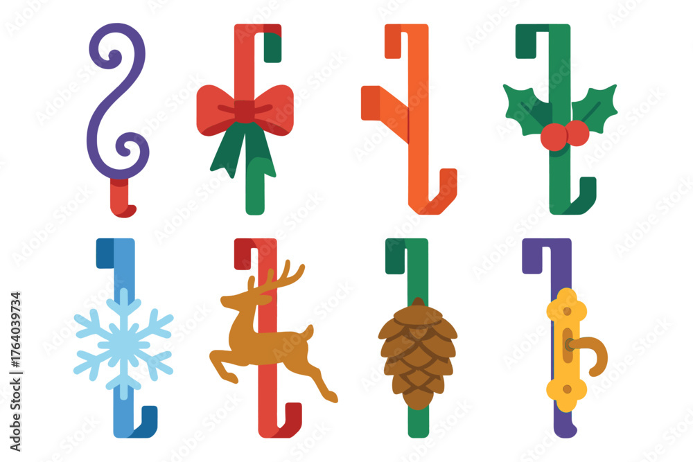 Obraz premium Christmas Wreath Holders flat icons: ornate metal hook, wreath ribbon tie, over-door mount, holly accent hanger, snowflake hook, reindeer clasp, pinecone clip, decorative latch.