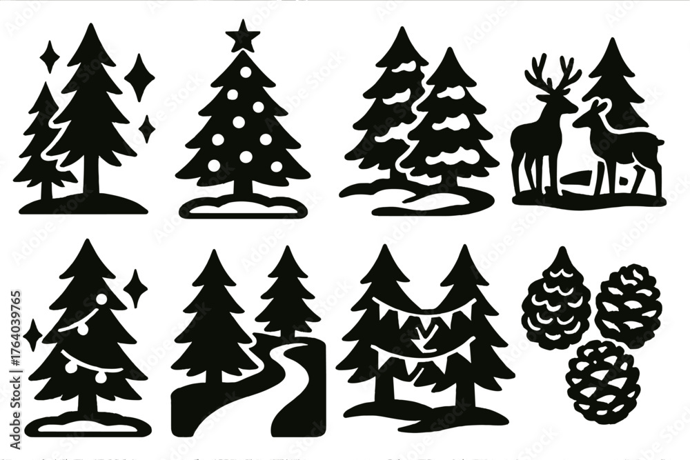 Obraz premium Christmas Tree Forest silhouette set: tall evergreens, glitter ornaments, snow-covered ground, reindeer pair, golden lights, holiday trail, festive garlands, pinecones.