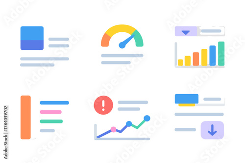 Dashboard UI Patterns flat icons: data card widget, KPI metric tile, chart and graph module, filter dropdown, tabbed analytics view, collapsible sidebar, alert notification, export