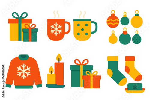 Holiday Merchandise flat icons: wrapped gifts, festive mugs, snowflake sweater, ornament set, holiday candles, winter socks, gift boxes, pine-scented soap.