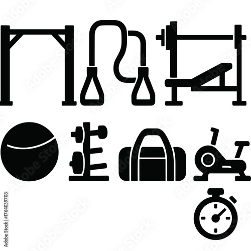 Fitness Gear silhouette set: pull-up bar, resistance band, bench press, rowing machine, medicine ball, weight rack, gym bag, stop watch.