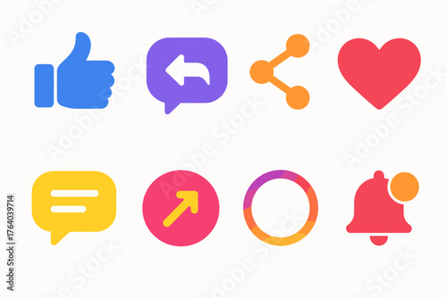 Social Content Interaction flat icons: thumbs-up icon, message reply bubble, share network arrow, live reaction heart, comment thread icon, trending post badge, story highlight