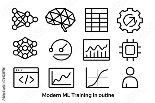 Modern ML Training outline icon set: gradient network, geometric brain, structured dataset, sleek algorithm gear, layered nodes, smooth progress tracker, data visualization grid,