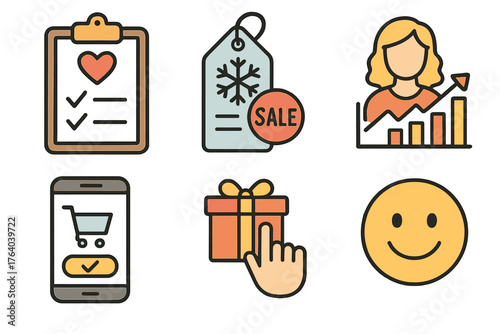 Festive Consumer Trends set of icons in doodle hand-drawn vector style: wishlist clipboard, snowflake sale tag, shopper insight graph, mobile checkout, gift selection, satisfaction