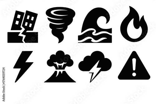 Natural Disasters silhouette set: earthquake icon, tornado, flood wave, wildfire flame, lightning bolt, volcano eruption, storm cloud, warning triangle.