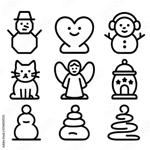 Snowman Designs outline icon set: geometric snowman, heart-shaped snow figure, creative snow tower, snowman with earmuffs, snow cat, snow angel sculpture, snow lantern, snow spiral