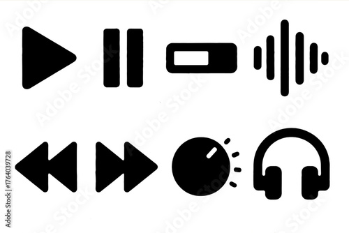 Audio Playback silhouette set: play button, pause icon, progress bar, sound wave, rewind arrow, fast-forward arrow, volume knob, headphone icon.