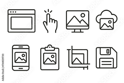 Digital snapshot outline icon set: screenshot window, cursor click, monitor with image, mobile phone capture, cloud with photo, clipboard copy, cropped image, save disk.