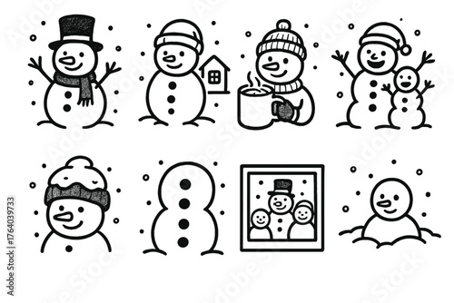 Snowman Traditions set of icons in doodle hand-drawn vector style: festive snowman, neighborhood contest, snowman with cocoa, joyful builders, snow-covered hat, frosty buttons,