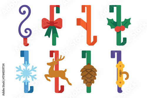 Christmas Wreath Holders flat icons: ornate metal hook, wreath ribbon tie, over-door mount, holly accent hanger, snowflake hook, reindeer clasp, pinecone clip, decorative latch.