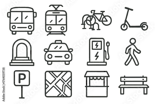 Urban Mobility Hub set of icons in doodle hand-drawn vector style: bus, tram, bike rack, scooter, metro entrance, taxi stand, electric charging station, pedestrian, parking sign,