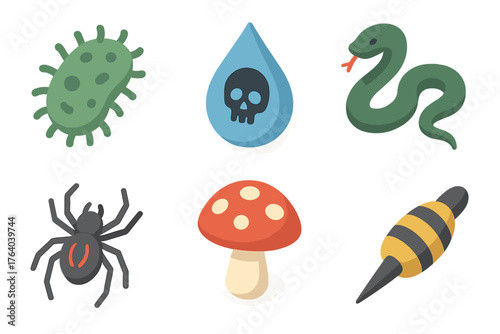 Biological toxins set icons in modern isometric flat vector style: bacteria, venom drop, snake, spider, mushroom, stinger.