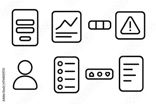 Digital App Design outline icon set: login screen, analytics panel, tab bar, sidebar menu, popup alert, user avatar, list view, app footer.