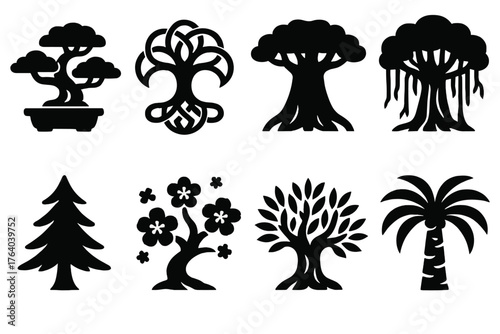 Cultural Themed Trees silhouette set: bonsai tree, Celtic knot tree, African baobab tree, Indian banyan tree, Nordic pine tree, Japanese sakura tree, Mediterranean olive tree,
