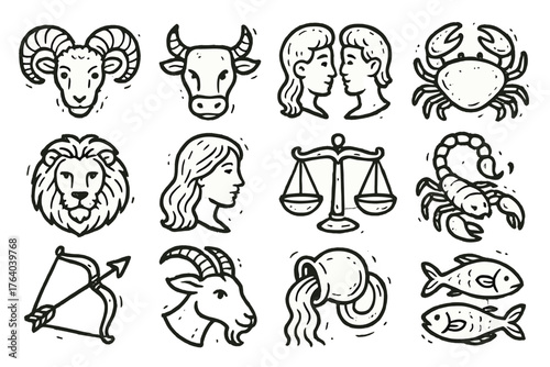 Astrological Signs set of icons in doodle hand-drawn vector style: ram, bull, twins, crab, lion, maiden, scales, scorpion, archer, goat, water bearer, fish.
