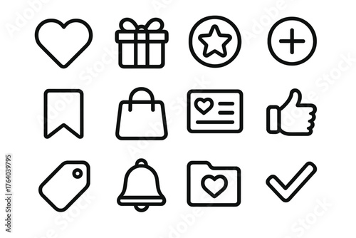 Wishlist Features outline icon set: heart icon, gift box, star badge, add button, bookmark tag, shopping bag, product card, like symbol, price tag, notification bell, wishlist