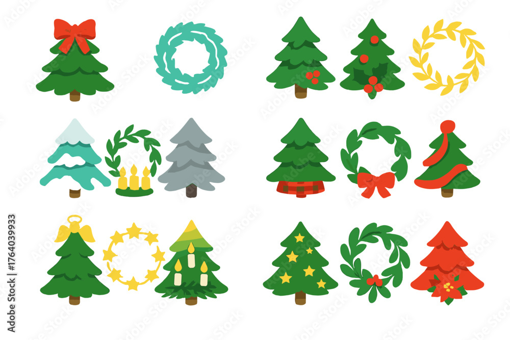 Obraz premium Classic Tree and Wreath Pairings flat icons: traditional green tree with red bow wreath, frosted tree with tinsel wreath, pine tree with holly berry wreath, gold-decorated tree