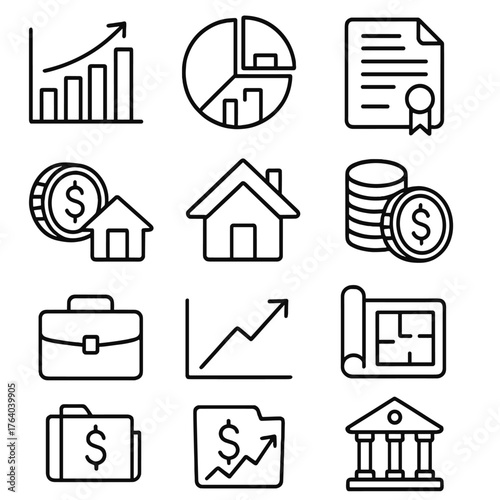 Investment Properties outline icon set: bar chart, pie graph, cityscape, deed paper, real estate token, home icon, coin stack, blueprint roll, briefcase, market trend arrow, loan