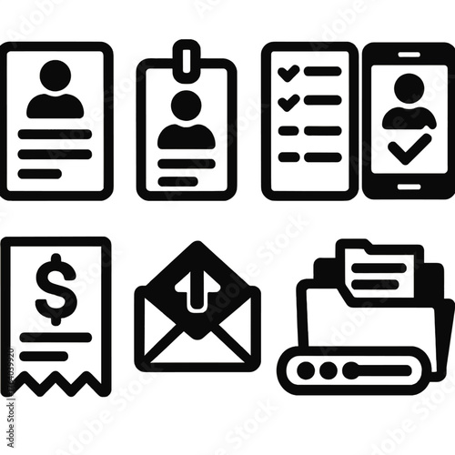 Course Enrollment silhouette set: registration form icon, student ID badge, course catalog list, enrollment confirmation screen, payment receipt card, welcome email symbol,