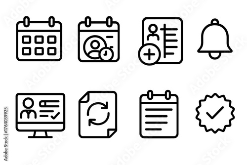 Medical Scheduling outline icon set: appointment calendar, patient time slot icon, doctor availability chart, reminder notification bell, scheduling dashboard, reschedule arrow,