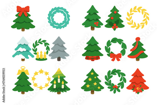 Classic Tree and Wreath Pairings flat icons: traditional green tree with red bow wreath, frosted tree with tinsel wreath, pine tree with holly berry wreath, gold-decorated tree