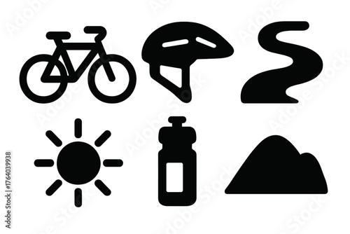 Bike trail silhouette set: bicycle, helmet, path, sun, water bottle, hill.