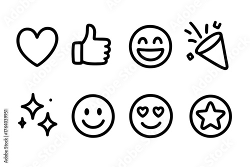Reactions & Likes set of icons in doodle hand-drawn vector style: heart symbol, like hand, laughing face, celebration emoji, sparkle icon, smile reaction, love icon, star badge.