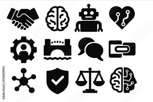 Human–Machine Intelligence silhouette set: handshake icon, human brain, robot icon, heart circuit, collaboration gear, data bridge, shared thought bubble, interface link, connected
