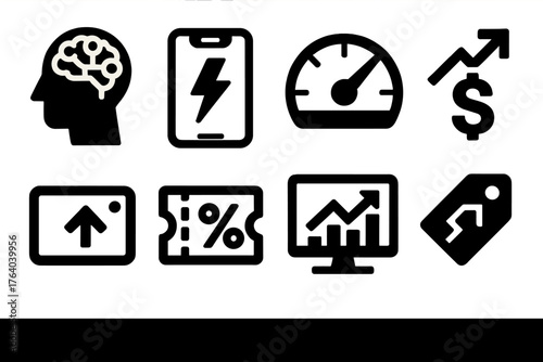 Smart Flash Sales silhouette set: AI deal predictor, personalized sale alert, real-time inventory meter, dynamic pricing icon, instant buy card, auto-applied coupon, analytics