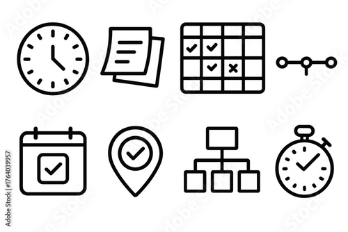Work Scheduling outline icon set: clock face, sticky notes, planner board, timeline icon, digital calendar, task marker, organization chart, time tracker.