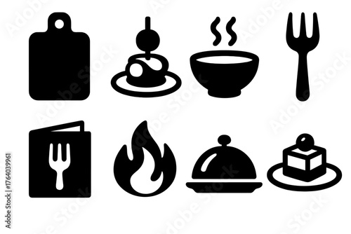 Gastronomy Icons silhouette set: cutting board, fancy appetizer, soup bowl, tasting fork, modern recipe book, cooking flame, serving tray, plated dessert.
