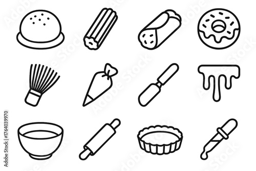 Fusion Baking outline icon set: mochi cake, churro, cannoli, donut, matcha whisk, piping cone, icing spatula, chocolate drizzle, mixing bowl, dough roller, tart pan, flavor dropper