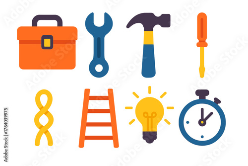 Practical Problem Solving flat icons: toolbox, wrench, hammer, screwdriver, rope knot, ladder, lightbulb idea, stopwatch.