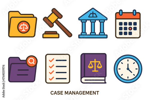 Case Management flat icons: legal folder, gavel, courthouse, calendar, evidence file, checklist, law book, clock icon.