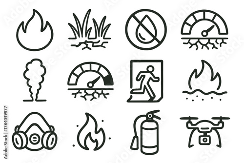 Fire and Drought Alerts set of icons in doodle hand-drawn vector style: flame icon, dry grass symbol, water restriction sign, drought gauge, smoke column, fire danger meter,